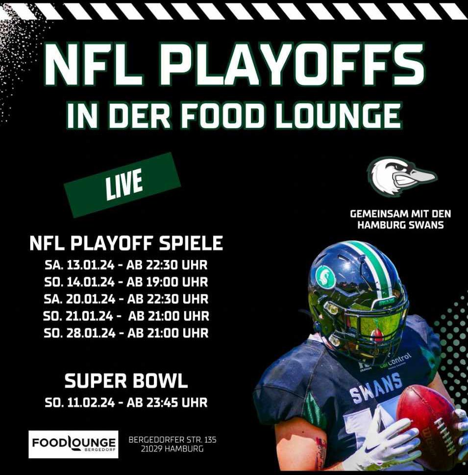 NFL Playoffs, Spiele, American Football, Super Bowl, Spiele schauen, Food Lounge Bergedorf, Hamburg, Bezirk Bergedorf, Hamburg Swans