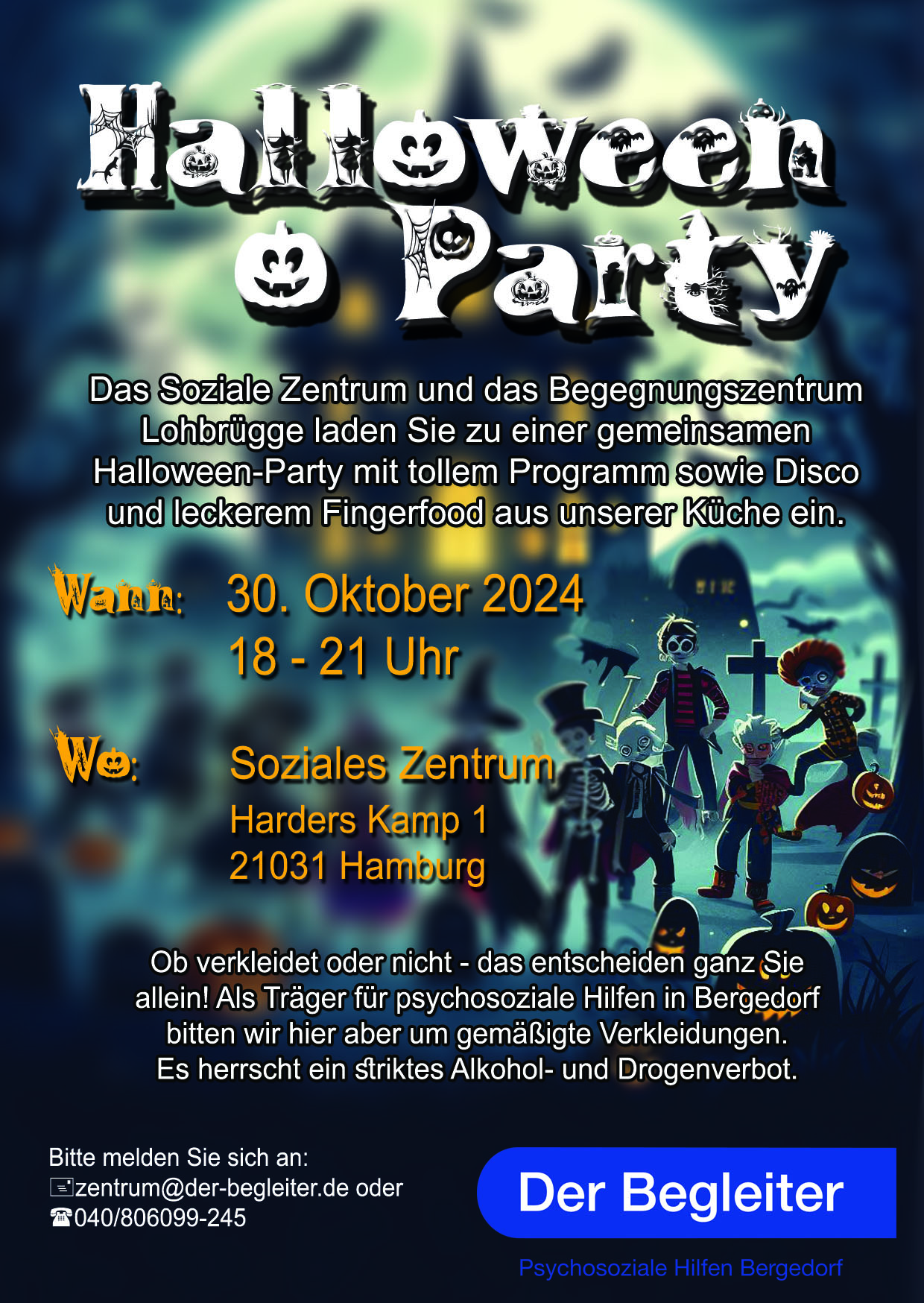 Soziales Zentrum Bergedorf, Der Begleiter, Veranstaltungen, neue Projektleiterin, Lohbrügge, Bergedorf, Hamburg, Veranstaltungsräume, Halloweenparty