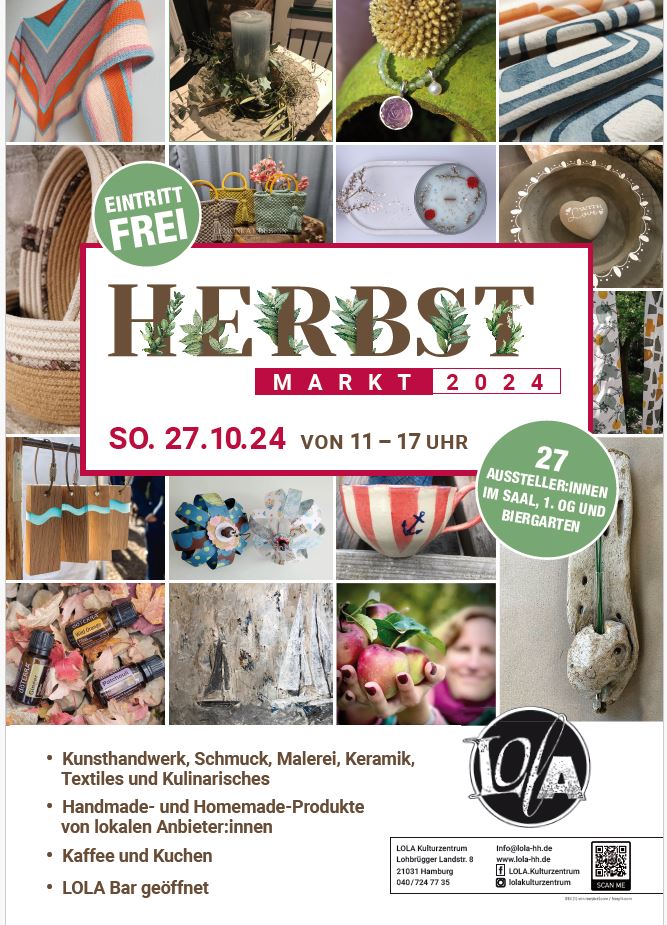 Herbstmarkt, LOLA Kulturzentrum, handgemachte Produkte, Kunsthandwerk,kulinarische Köstlichkeiten. Kunsthandwerk-Schmuck-Malerei-Keramik-Textiles-Kulinarisches, 2024, Bergedorf, Bezirk Bergedorf, Hamburg