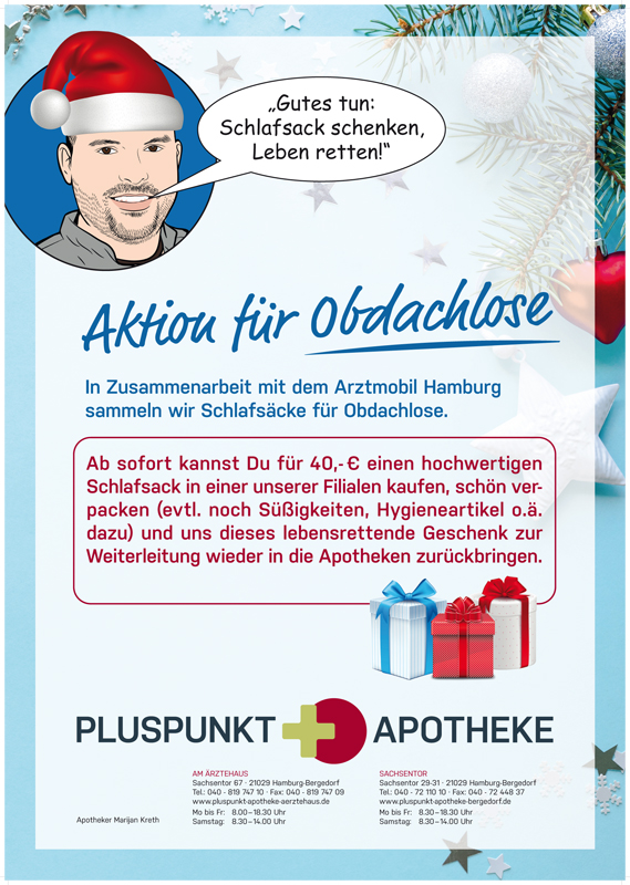 Pluspunkt Apotheken, Sachsentor, Bergedorf, Bezirk Bergedorf, Aktion für Obdachlose, Schlafsäcke, hochwertig, Weihnachten, Wintereinbruch, kaufen und spenden