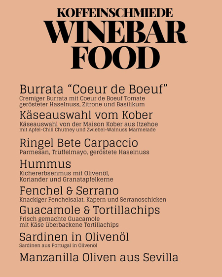 Koffeinschmiede Bergedorf, Kaffee, Espresso, Cappuccino, Spirituosen, edle Weine, Feierabend-Bier, Gemütlichkeit, Kuchen, Hausgemacht, Afterwork, Gin, Bezirk Bergedorf, Schlossstraße, Hamburg, La Deutsche Vita, Menükarte