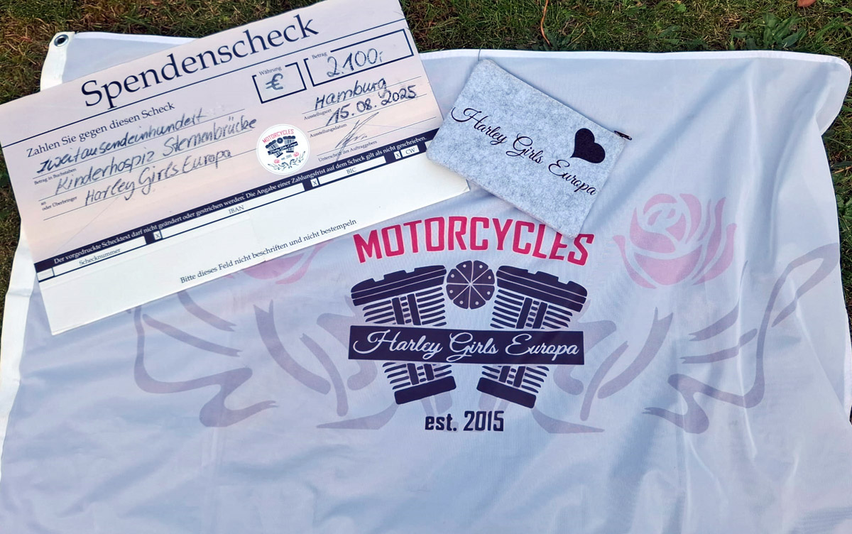 Harley Girls Europe, Bikerinnen, Hospiz Sternenbrücke, schöne Aktion, Spendenübergabe, Scheck überreichen, Motorräder, Frauen, schwerkranke Kinder und Jugendliche, Nachrichten, Hamburg