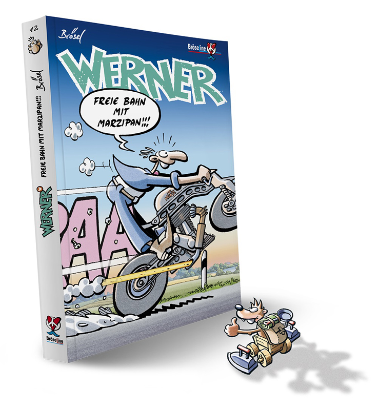 Werner, Freie Bahn mit Marzipan, Rötger Feldmann, Brösel, Comicfigur, Gewinnspiel, Widmung, Runderneuert, Remake, Rund ums Buch