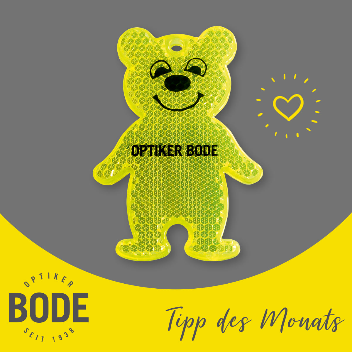 Optiker Bode, Filiale Bergedorf, gelbe Blinkie-Bären, dunkle Jahreszeit, Herbst, Winter, Straßenverkehr, Kinder, Sichtbarkeit