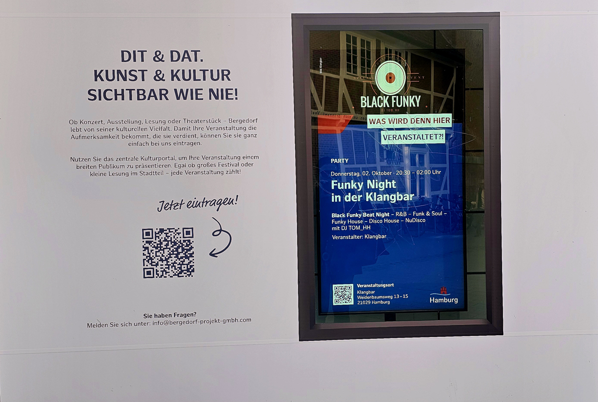Digitale Werbeanzeigen, Bergedorf, Marketing, an Hauswänden, Volksbank Storman, Schuhhaus Bode, Werbung
