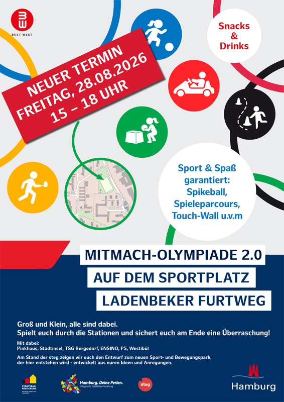 Bergedorf-West, Mitmach-Olympiade, Urkunde, Sportplatz Ladenbeker Furtweg, für Jung und Alt, Bewegung, RISE, Bezirk Bergedorf, Hamburg
